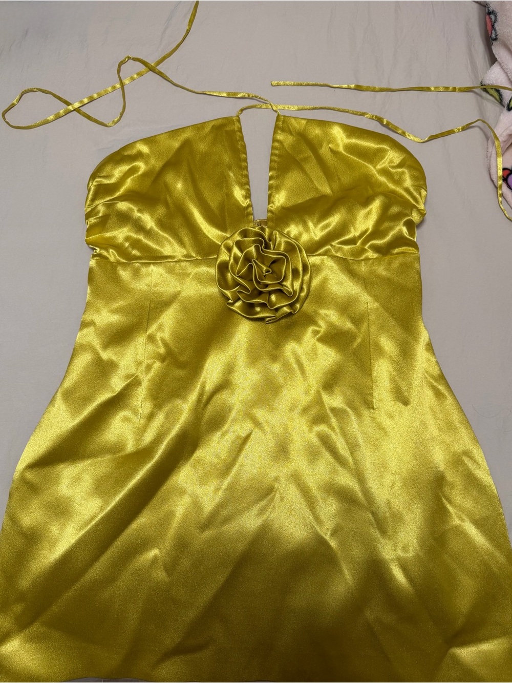 Strapless Yellow Satin Dress with Floral Rosette